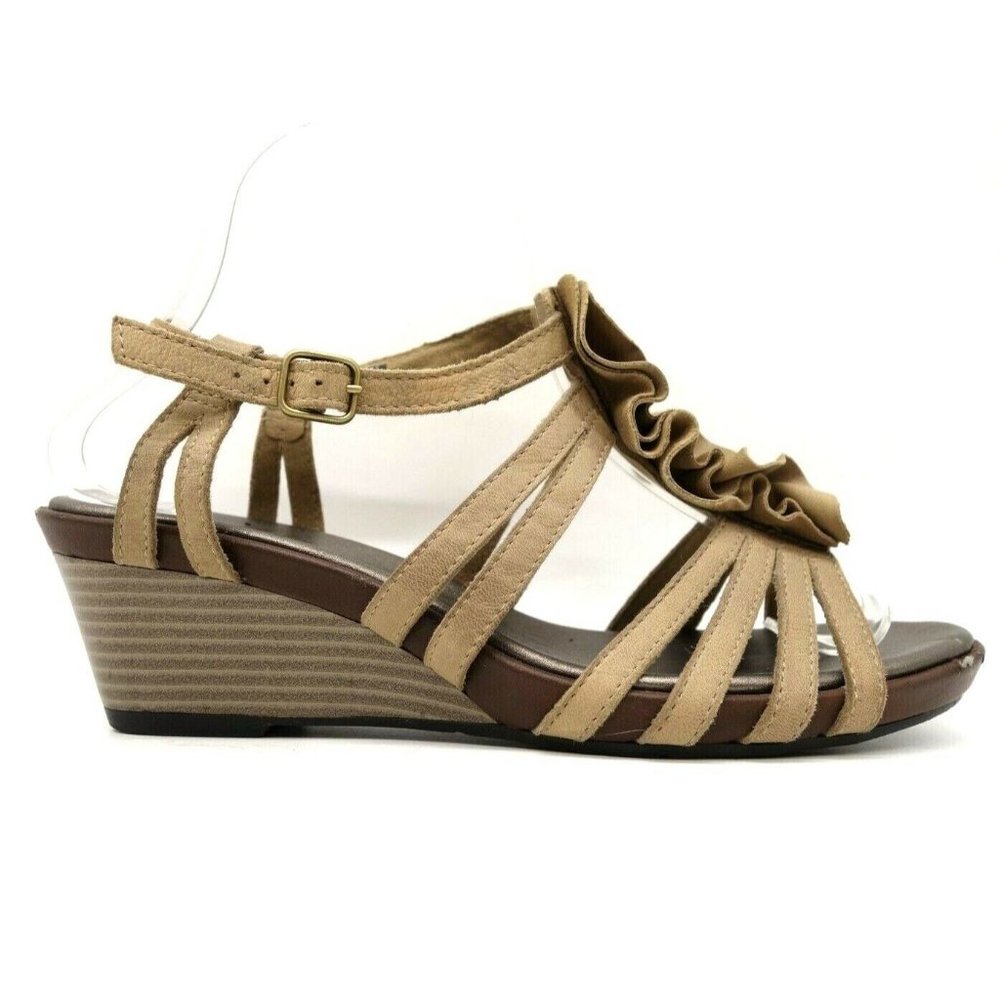 Clarks Bendables Brown Leather Slip On Buckle Wedge Sandals Shoes Women's 8 M